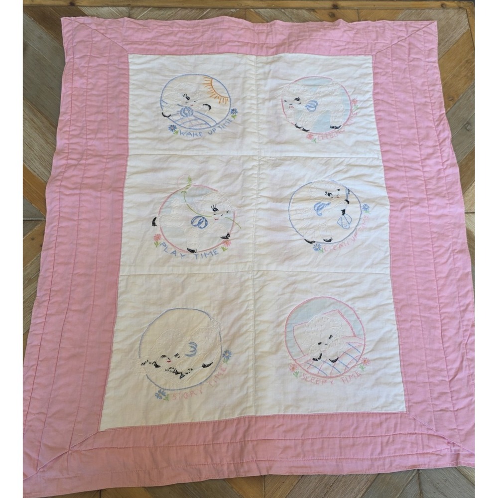Handmade Baby Blanket Embroidered Sheep Pink Play Mat Wall Hanging 23" x 28"